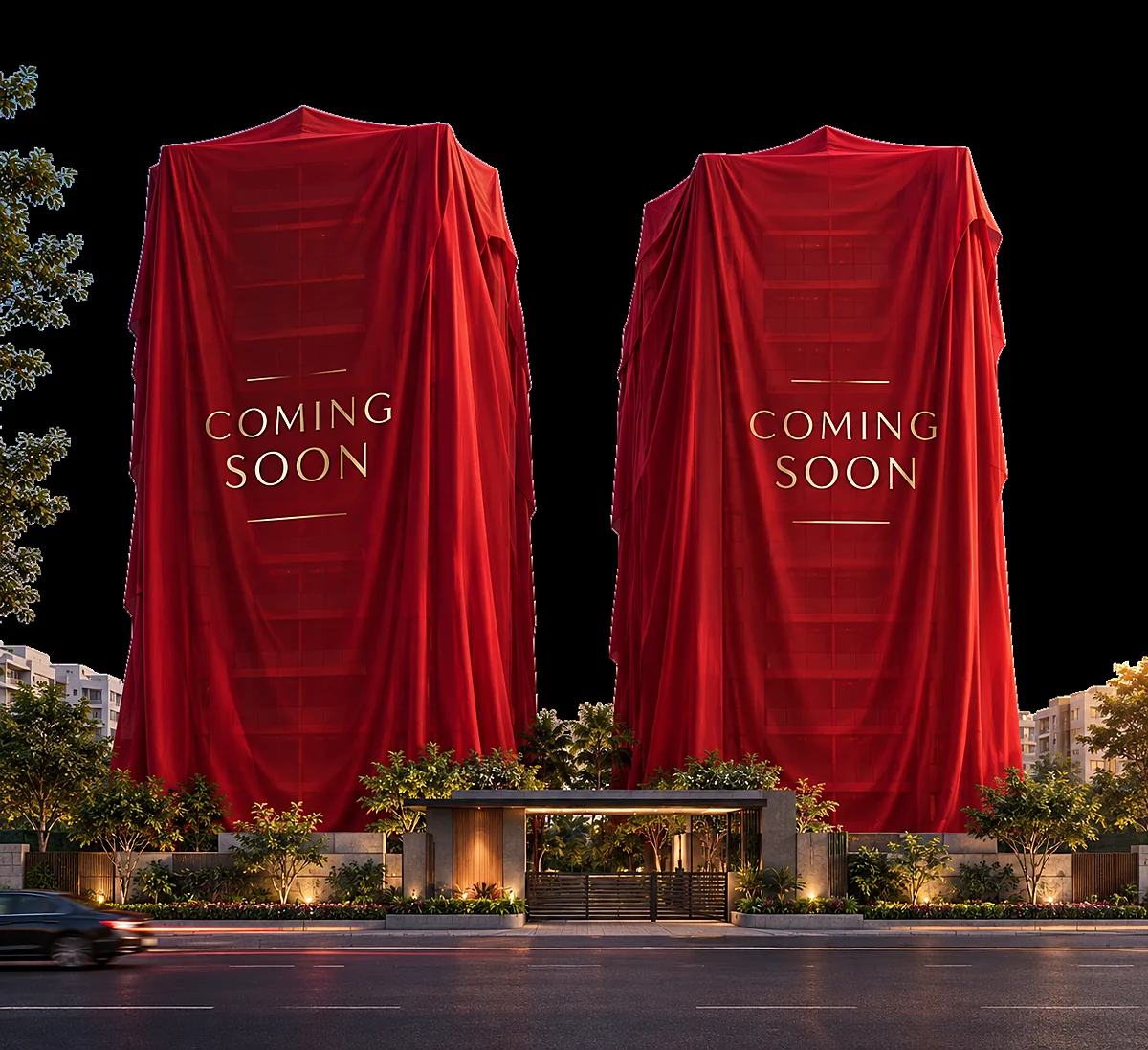 Two residential towers draped in red ahead of their unveiling